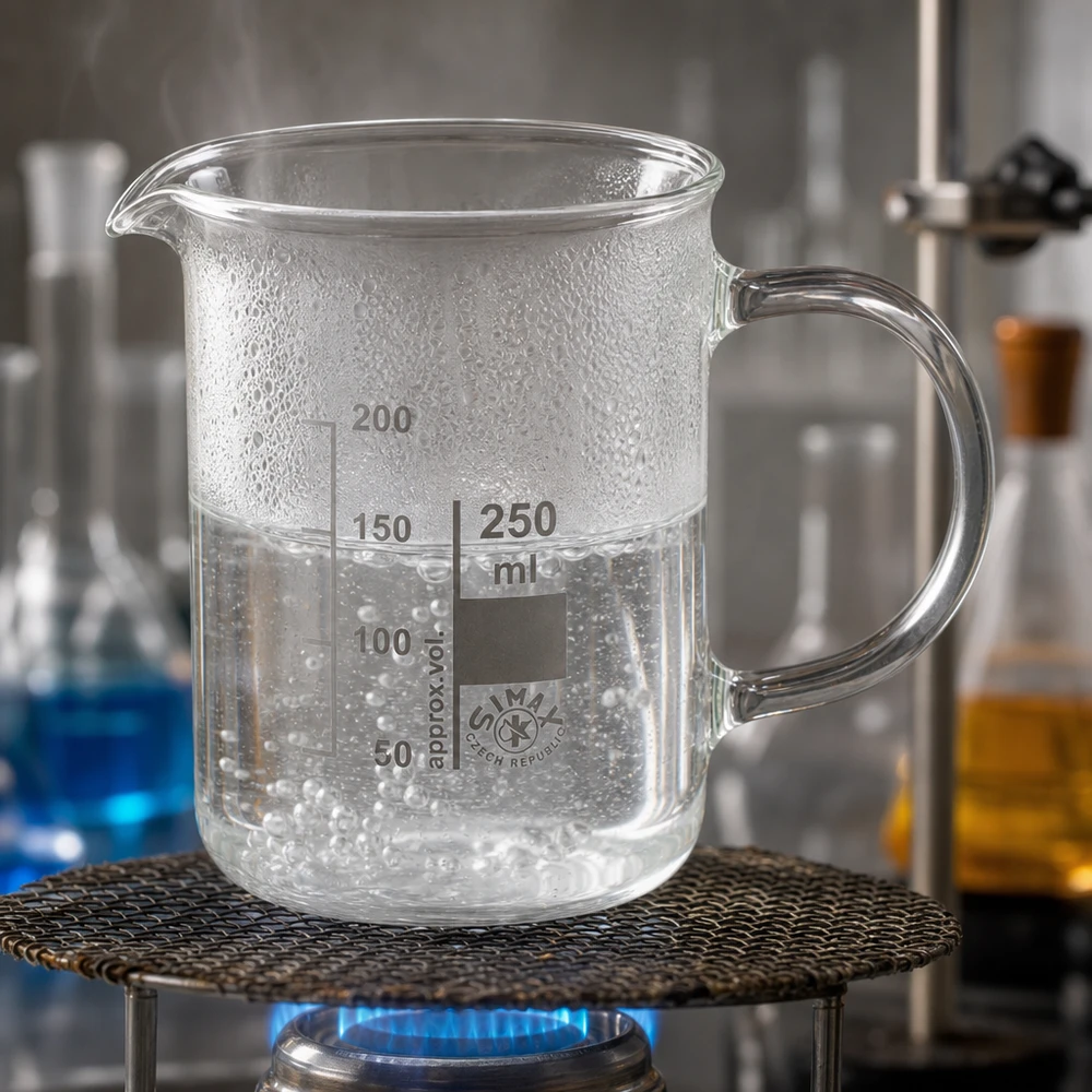 Juomalasi 250ml borosilikaattilasi, kahvalla varustettuna 250 ml:n kahvallinen koeputki, jota lämmitetään Bunsen-polttimella kiehuvan veden avulla laboratoriossa