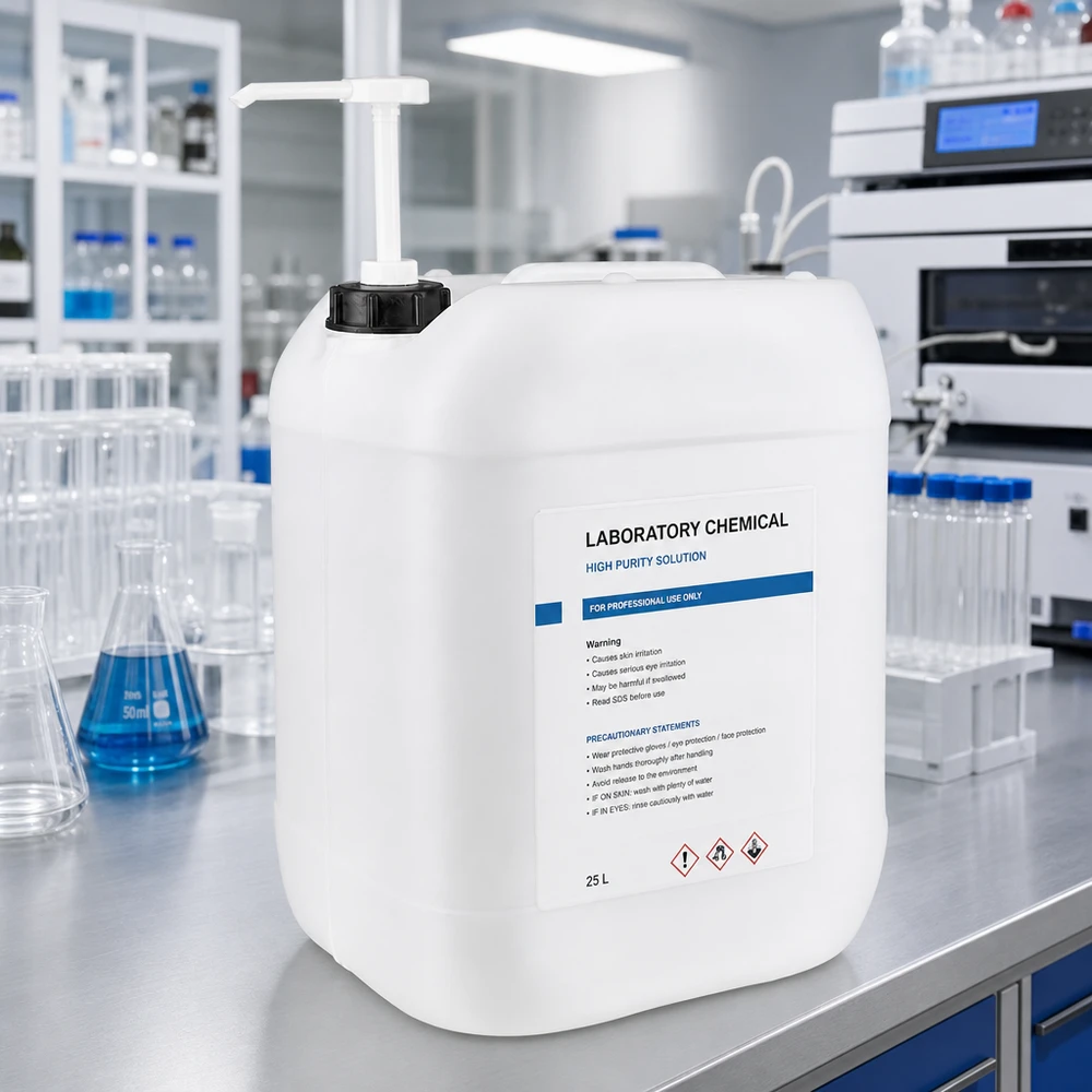 20 litran kanisteri annostelupumpulla Kestävä 20 litran HDPE-kanisteri, jossa on integroitu annostelupumppu ammattikäyttöön laboratorioissa
