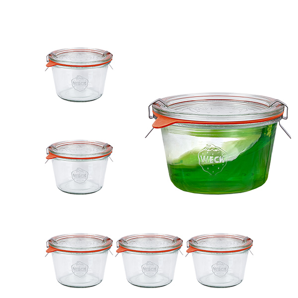 Setti 6 Weck 370ml -mukillista juomapulloa, joissa on 6 lasikantta.