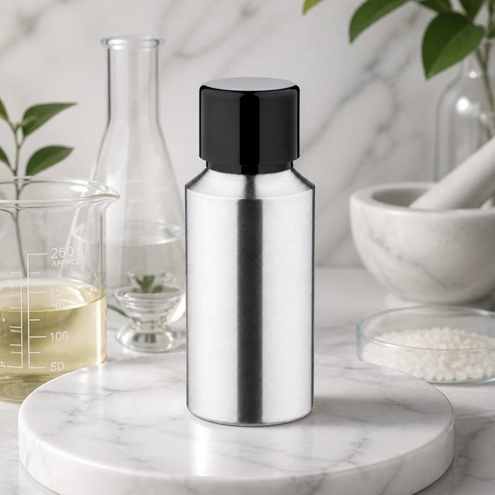 30ml kiillotettu alumiinipullo, jossa on kierrekorkki Kiillotettu 30 ml:n alumiinipullo mattapintaisella pinnalla ja mustalla korkilla laboratorioympäristöön.