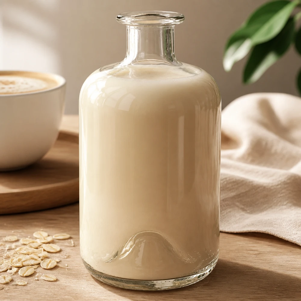 Apteekkarin Luna 500ml -pullo täynnä kermaista kauramaitoa kahvikupin ja kaurahiutaleiden vieressä puupöydällä.