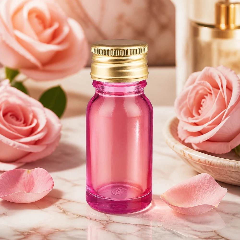 10ml violetti lasipullo 11mm kierrekierteellä ja alumiinikultaisella korkilla hajuvesiöljyille.