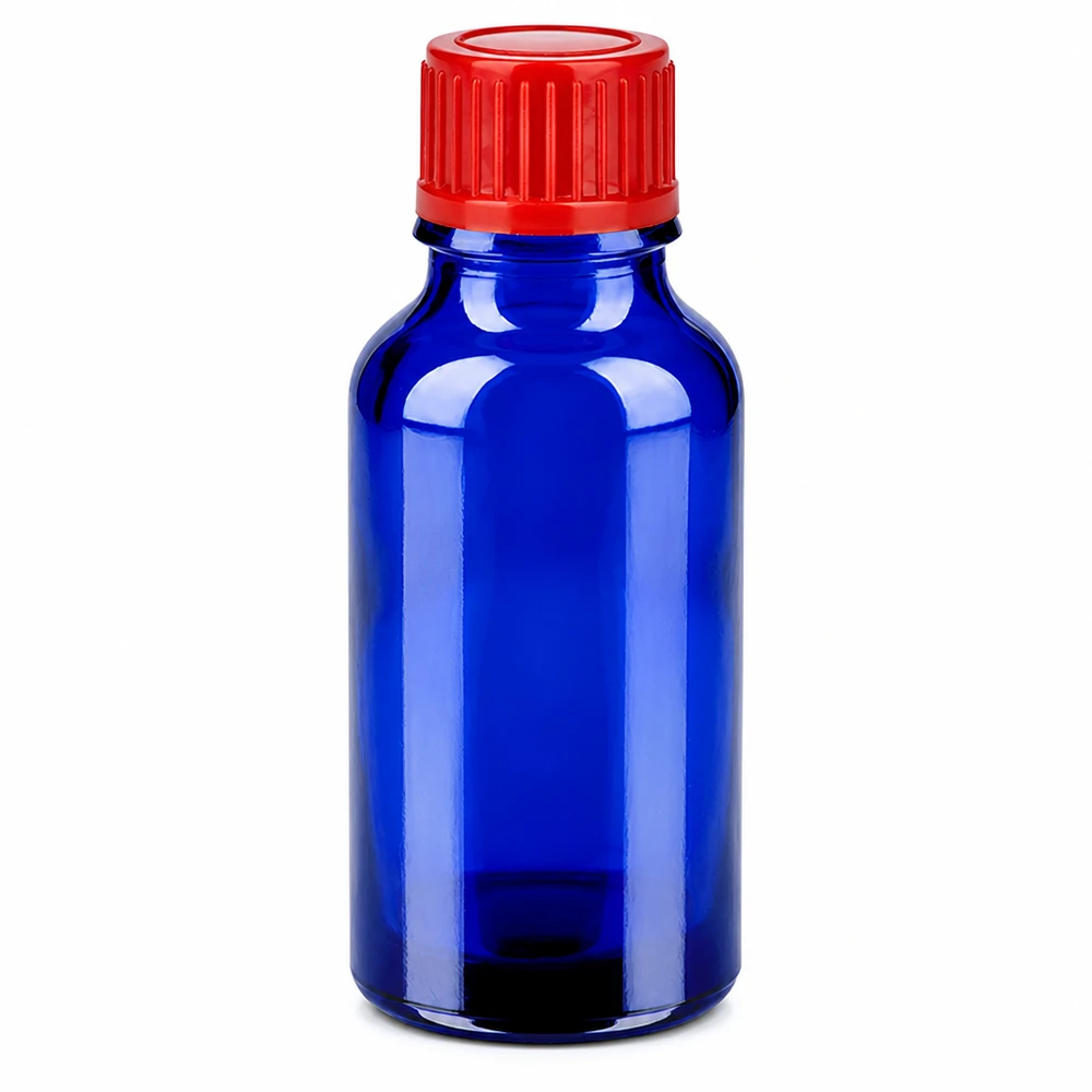 Sininen lasipullo 20ml punaisella ruuvikorkilla lääkkeille ja kosmetiikalle.