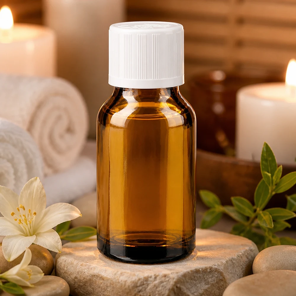 Apteekkipullo ruskea 30ml kierrekorkki valkoinen lapsiturvallinen vakio Pieni ruskea apteekkipullo (30 ml), jossa on valkoinen lapsiturvallinen korkki, wellness-kivien päällä