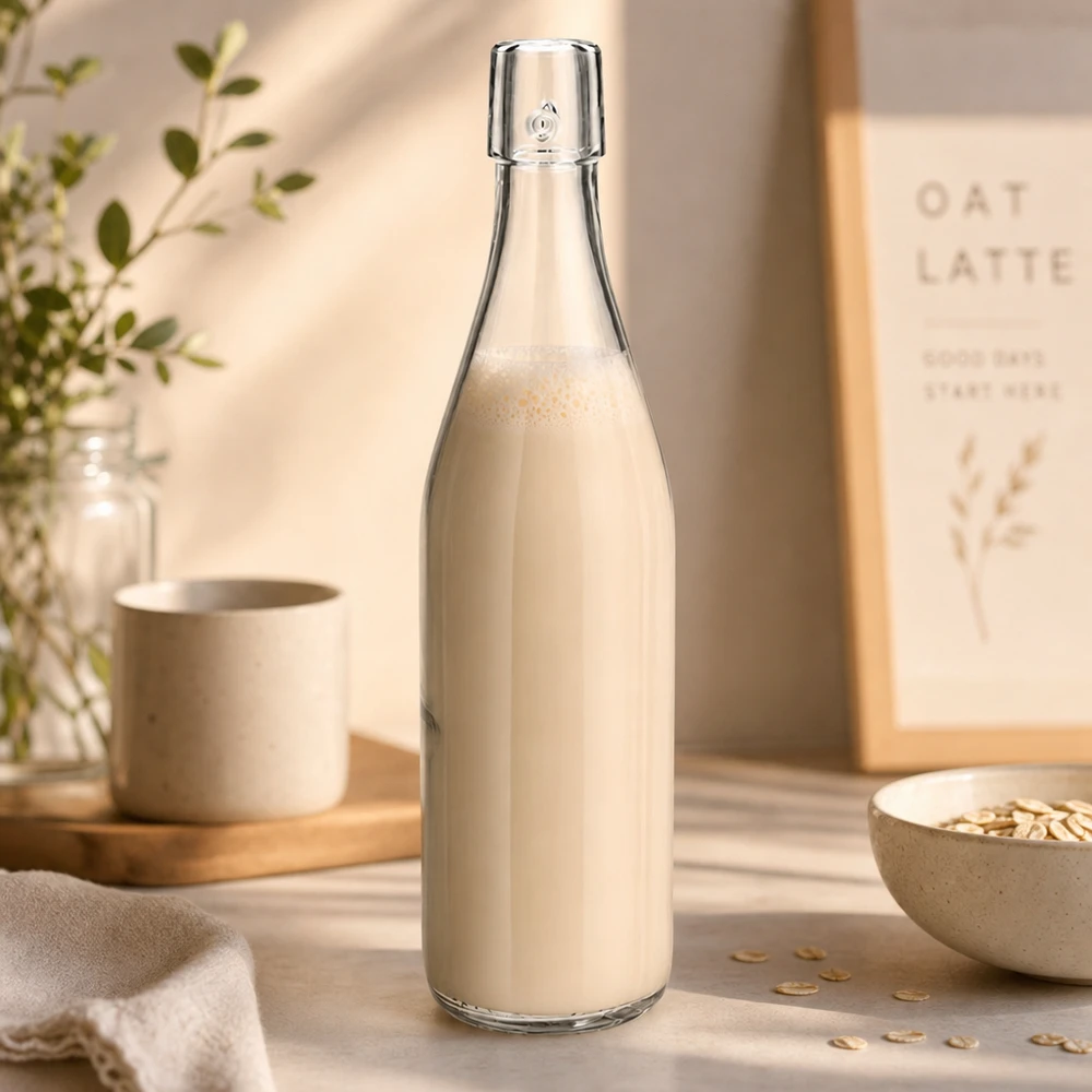 500ml UNiTWIST-lasipullo täynnä kauramaitoa luonnonkeittiössä kaurahiutaleiden kanssa terveellisen elämäntavan näyttämönä.