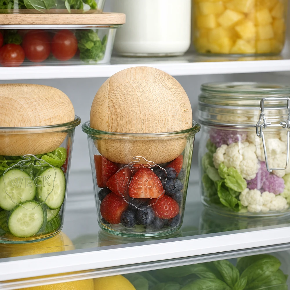 580 ml:n juomalasit WECK RR100, jossa on puupallo pyökkiä. WECK Sturzglas RR100 580ml mit Buchenholzkugel zur Frischehaltung von Beeren und Gemüse im Kühlschrank