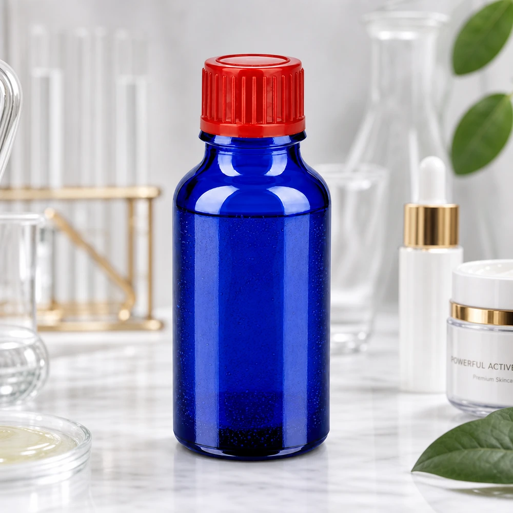 20ml pullo 11mm kierrekorkki punainen standardi BlueLine UT18/20 Kompakti 20 ml:n kirkkaan sininen lasipullo, jossa on käytännöllinen punainen korkki laboratorio- ja kotitalouskäyttöön.