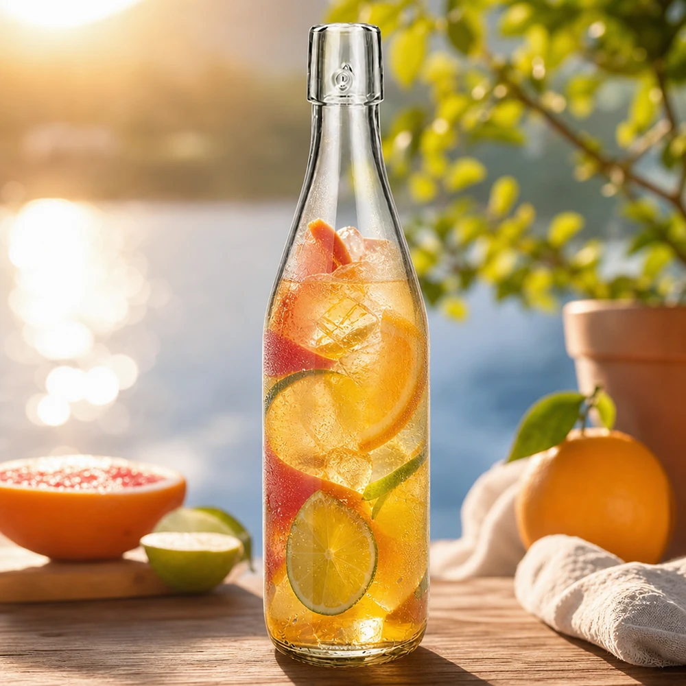 500ml lasipullo ilman kääntökorkkia UNiTWIST 500ml UNiTWIST-lasipullo täynnä jääteetä ja hedelmiä kesäiseen ulkovirkistykseen sitrushedelmien kanssa.
