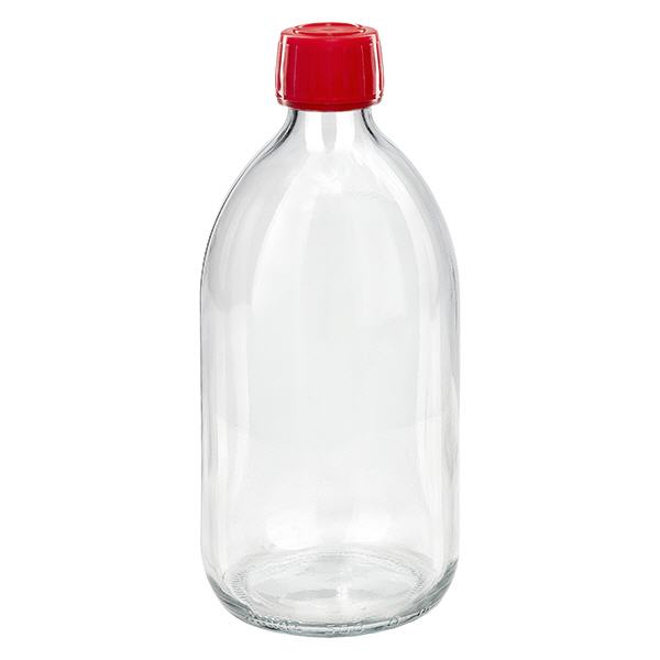 500ml lääkepullo kirkas, punainen korkki, jossa on peukaloinnin estävä sormus ApoGlas