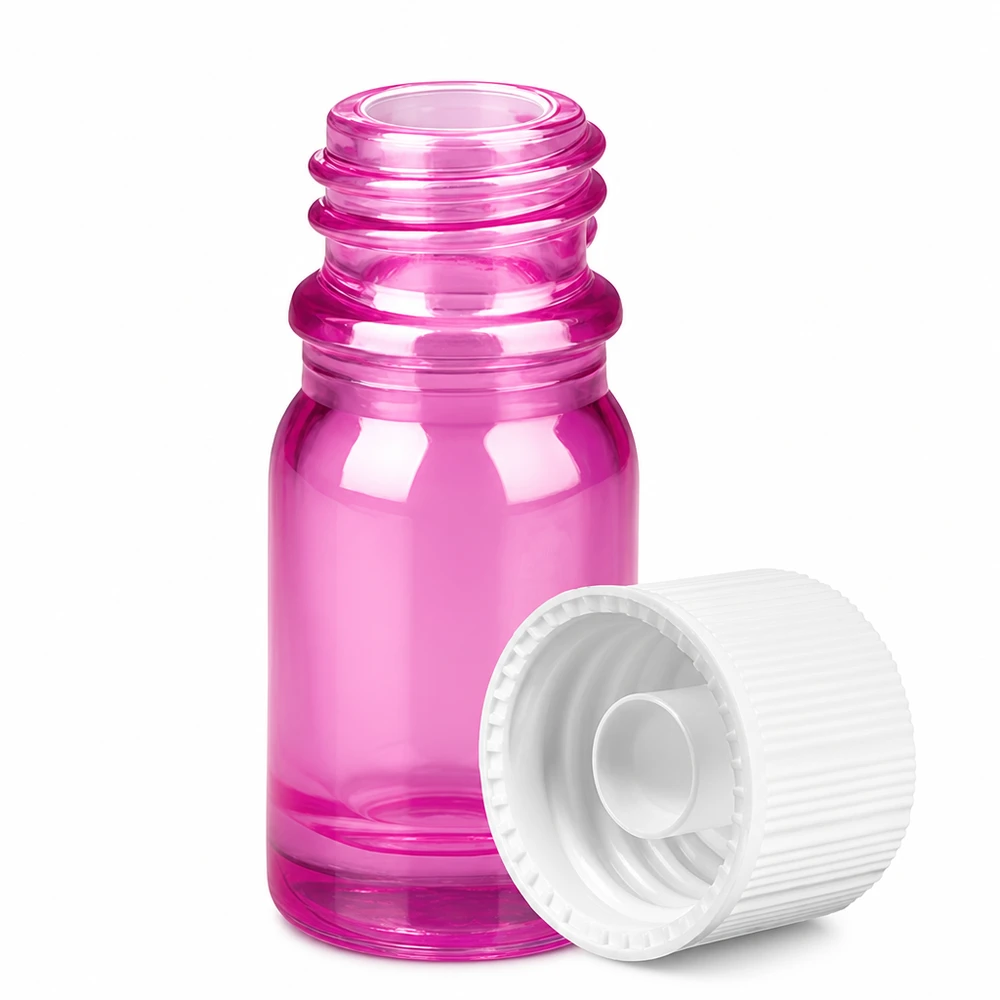Pieni 5ml violetti lasipullo valkoisella korkilla eteerisille öljyille ja esansseille.