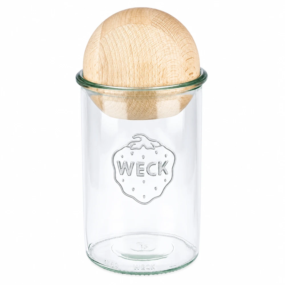 1000 ml:n juomalasit WECK RR100, jossa on puupallo pyökkiä. WECK lasipullot 1000ml RR100 pyökkipuu pallokannella, säilöntätölkki, jossa on logo valkoisella pohjalla.