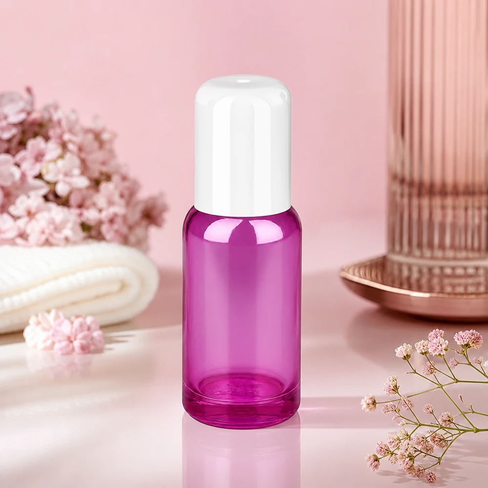 20ml roll-on-pullo valkoinen vakio PurpleLine UT18/20 PurpleLine UT18/20 Laadukas 20ml lasipullo läpinäkyvällä violetilla roll-on-korkilla kosmetiikkatuotteille.