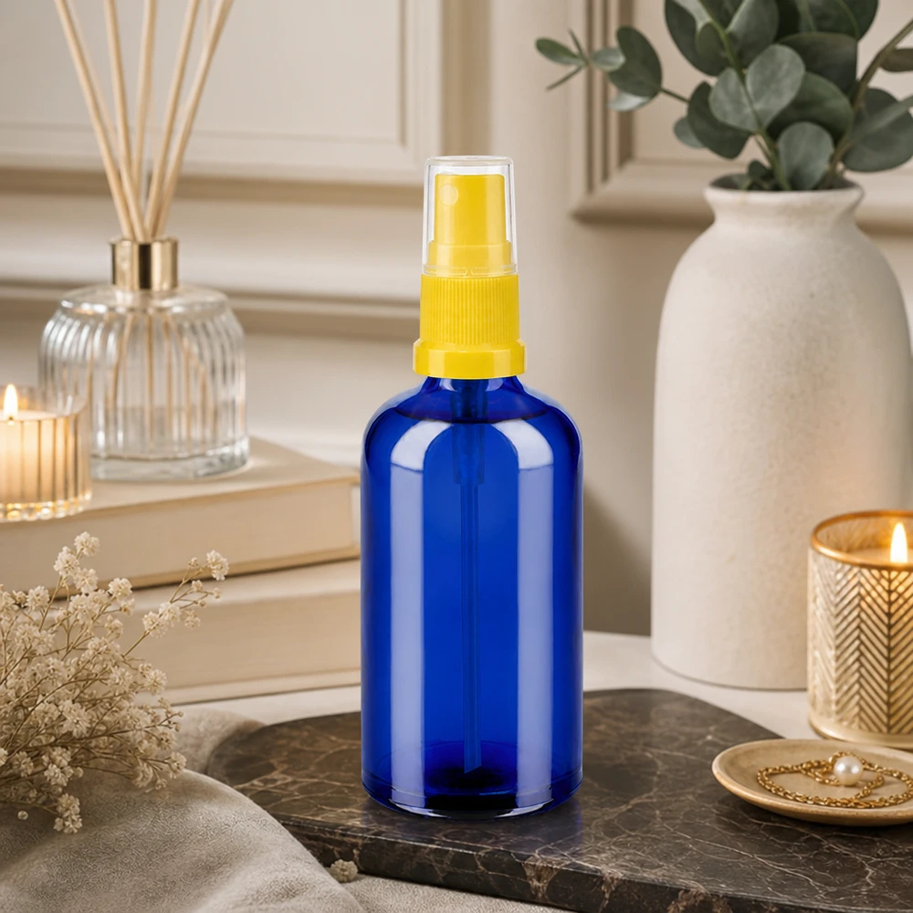 Premium-lasipullo 100ml, jossa on STD-kierre ja sumutin ammattikäyttöön.