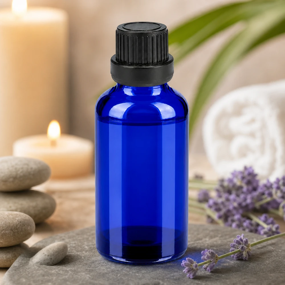 30 ml:n lasipullo tyylikkäässä koboltinsinisessä värissä, jossa on musta korkki, joka on varustettu hyvinvointipakkauksen sinetöintitunnisteella.