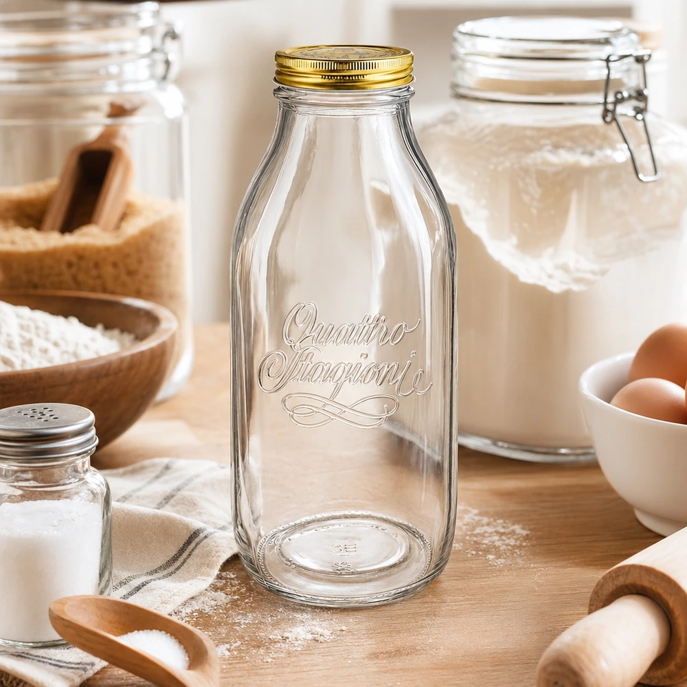 Quattro Stagioni 1000ml lasipullo järjestetty maalaismaiseen keittiöön, jossa on leivonta-aineksia, jauhoja, munia ja puisia välineitä.