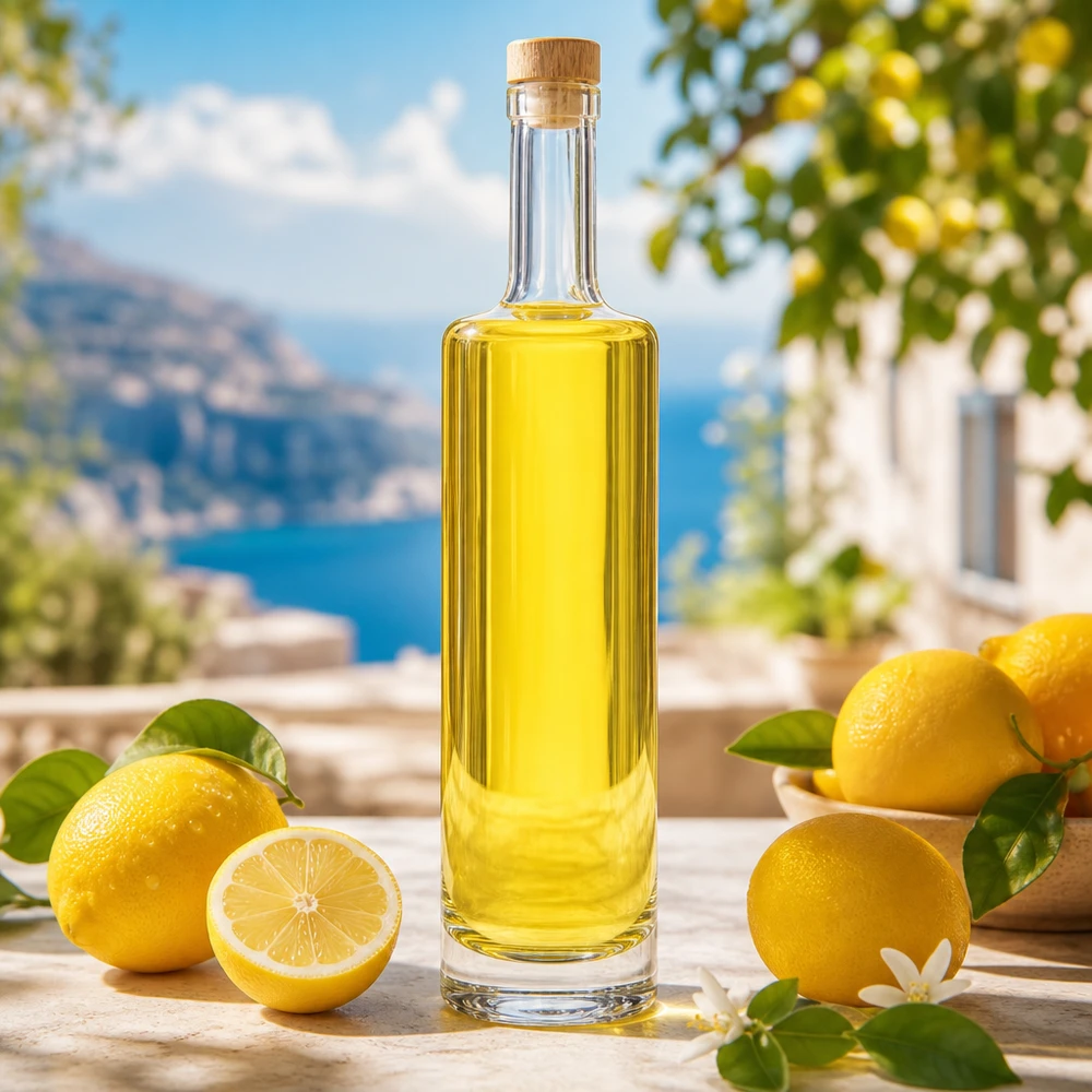 500ml Glasflasche "Lina" mit Holzgriff-Korken UNiTWIST 500ml lasipullo Lina puukorkilla, joka on täytetty keltaisella limoncellolla tuoreiden sitruunoiden välissä Välimeren maisemat