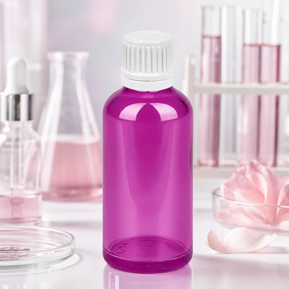 Kompakti 50ml violetti lasipullo, jossa on lapsiturvallinen korkki laboratorioihin ja apteekkeihin.