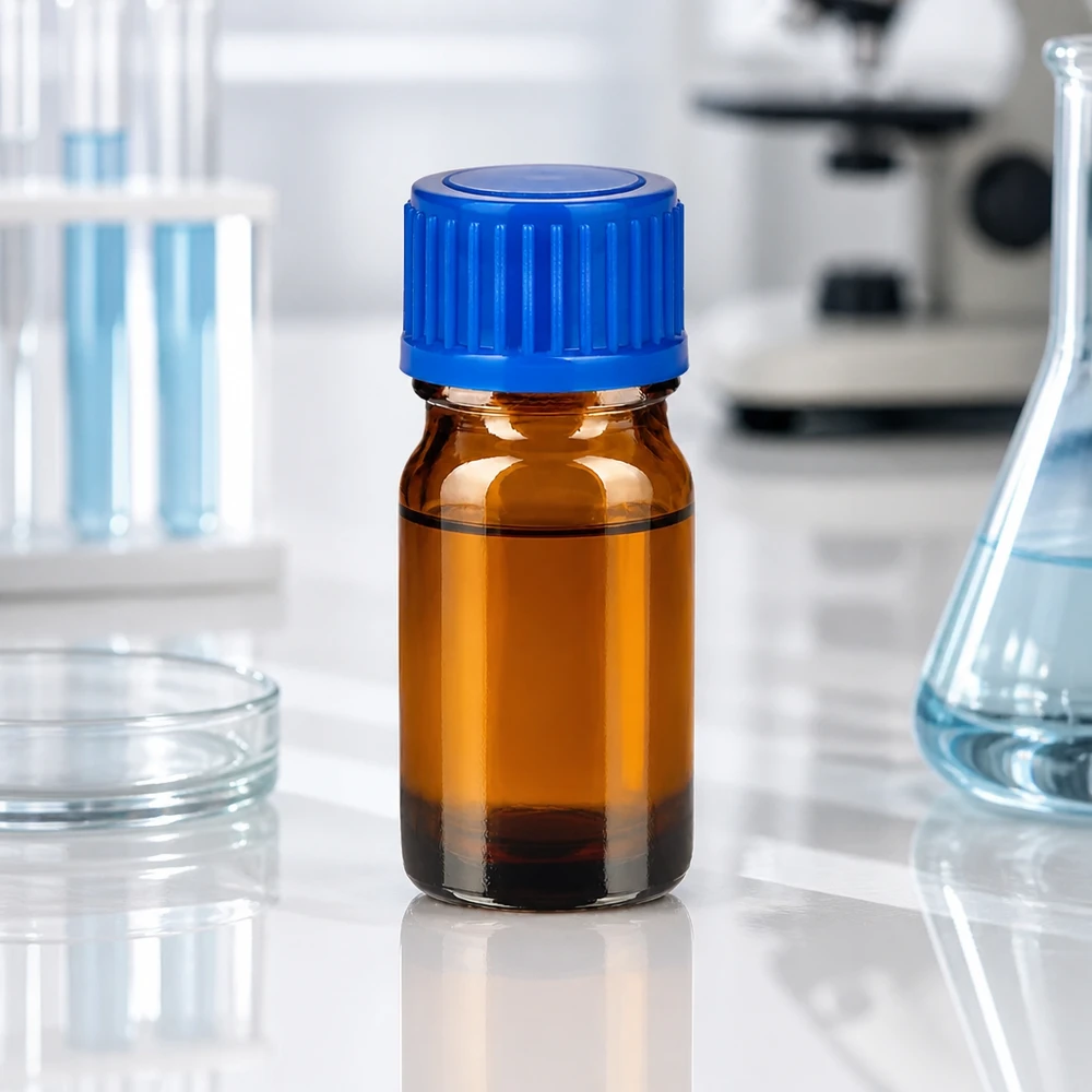 5ml BrownLine laboratoriopullo UV-suojatusta meripihkanvärisestä lasista, jossa on sininen korkki tutkimusta varten.