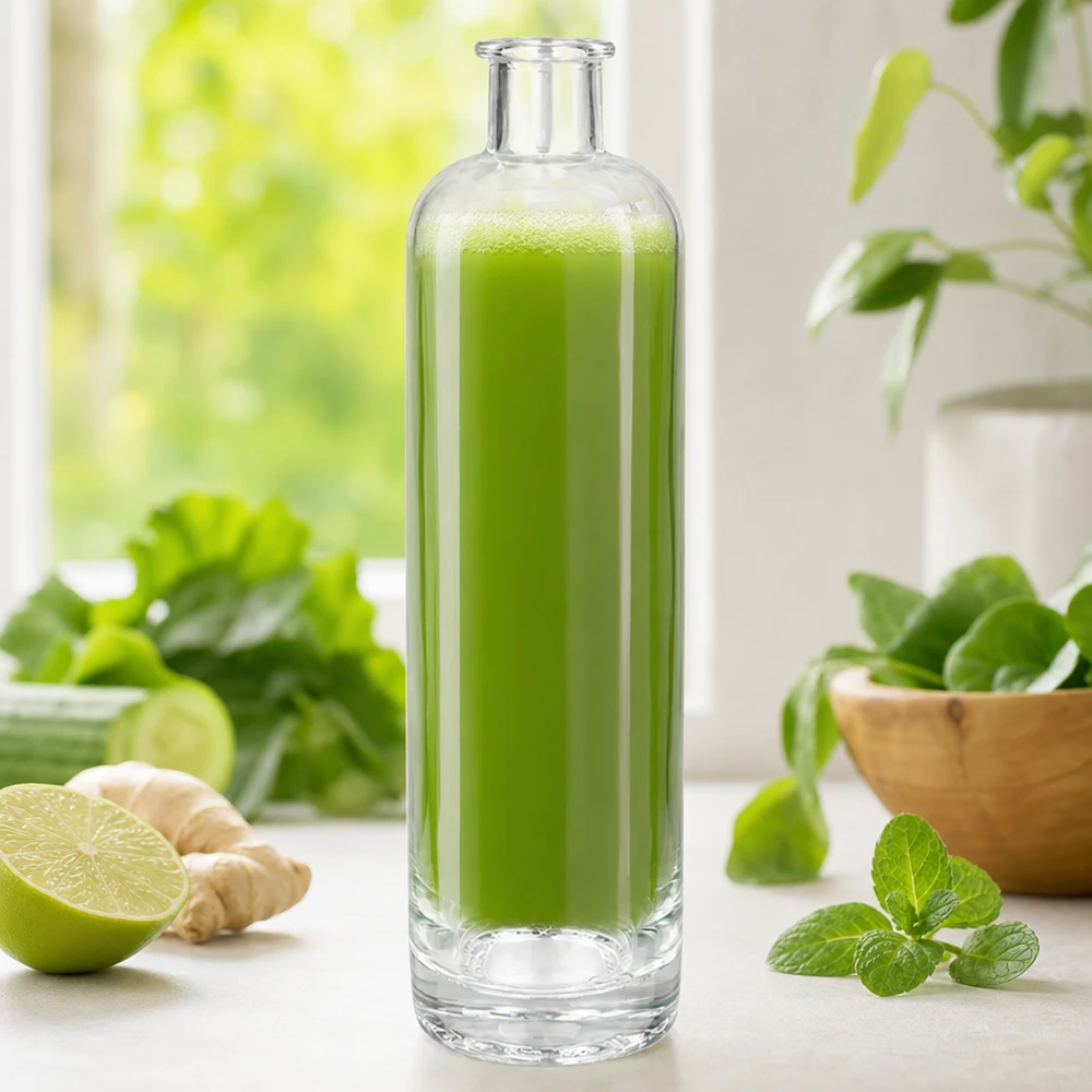 500ml Glasflasche "Ella" ohne Verschluss UNiTWIST 500ml Glasflasche Ella UNiTWIST mit grünem Smoothie gefüllt zwischen frischen Kräutern Ingwer und Limette Wellness-Ambie