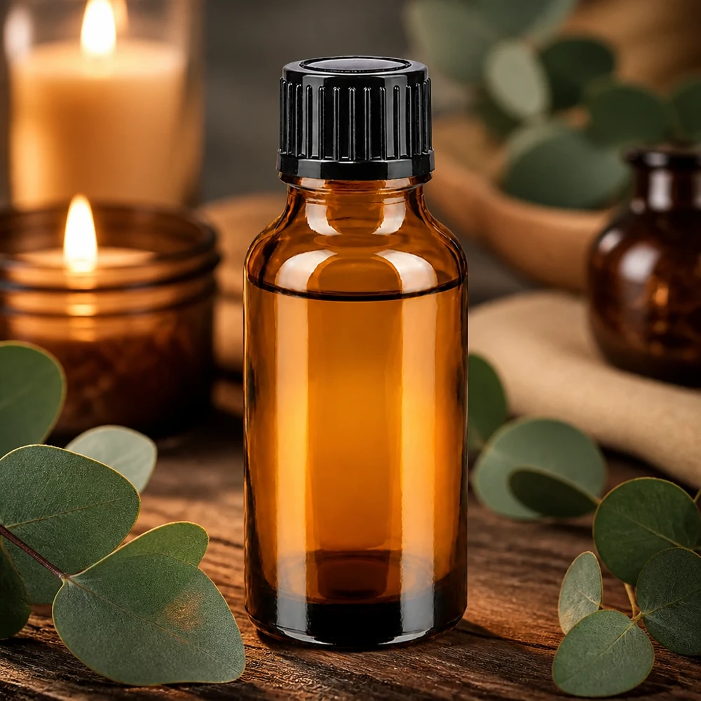 Pieni ruskea 20 ml:n tiputuspullo apteekkilasista, mustalla korkilla ja eukalyptuslehdillä