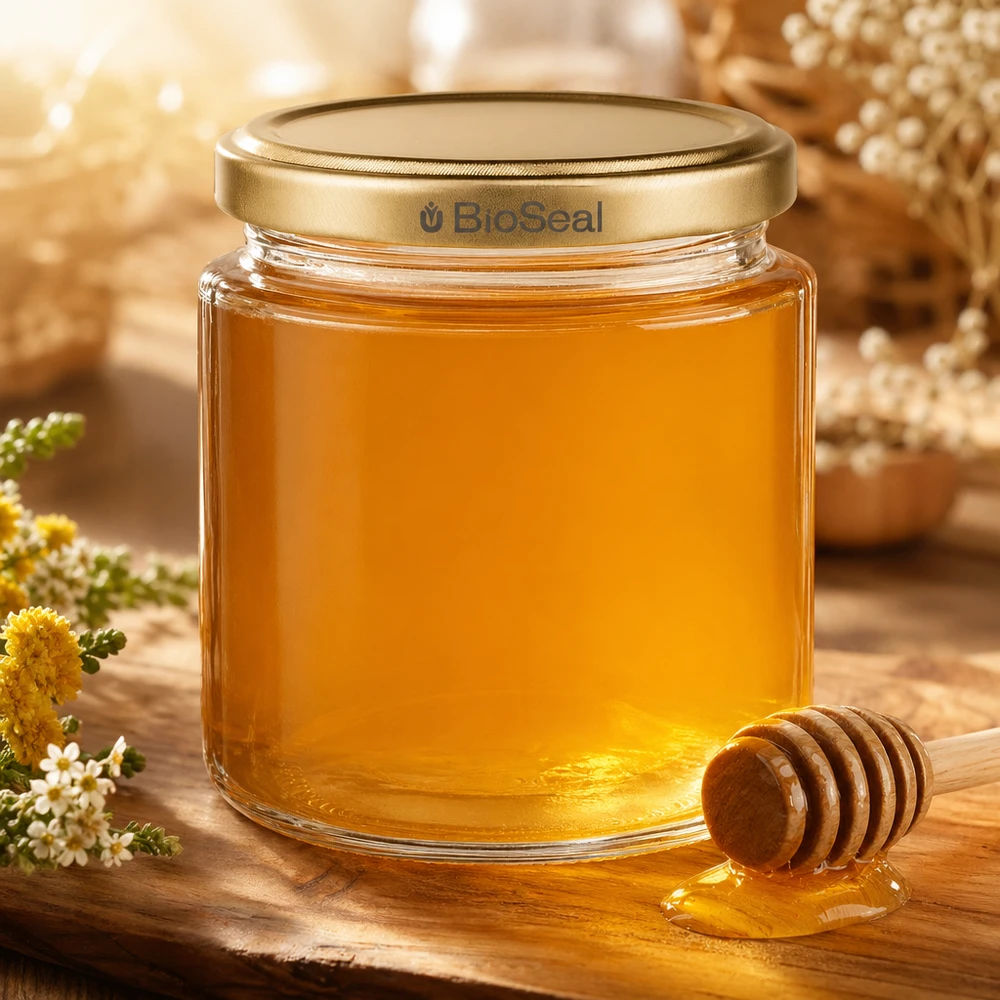 250ml hunajapurkki täynnä kultaista hunajaa, BioSeal-kansi ja hunajalusikka, luonnonmukainen esillepano kukkien kera.
