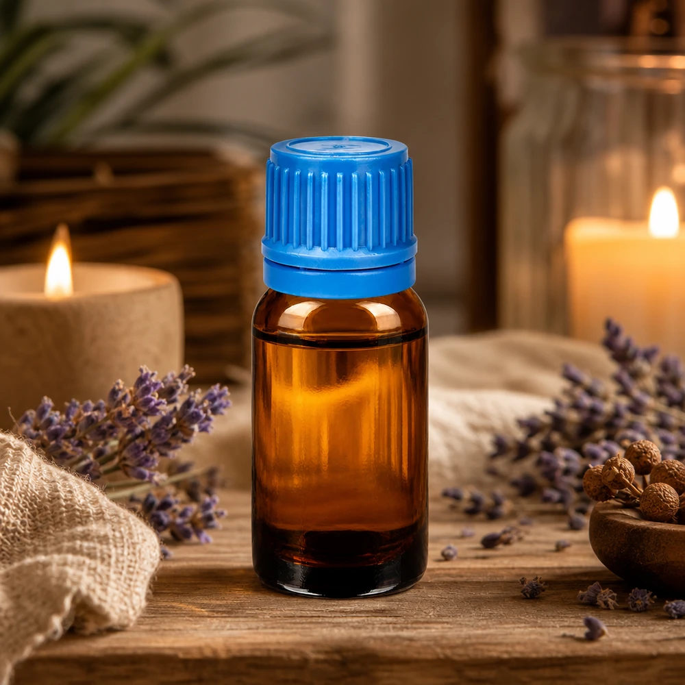 Laadukas 10ml BrownLine lasipullo sinisellä korkilla ammattimaiseen aromaterapiaan.