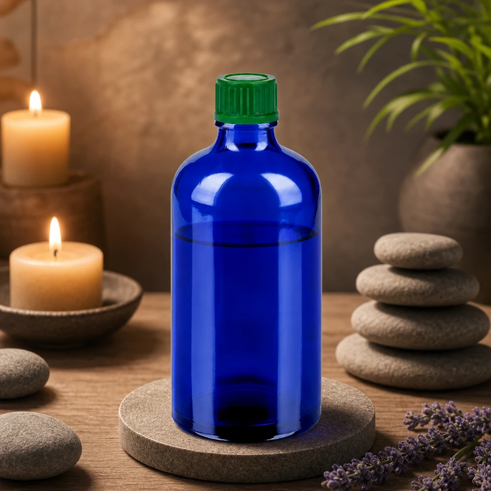 Pienikokoinen 100ml lasipullo tyylikkään sinisellä ja käytännöllisellä vihreällä kierrekorkilla.