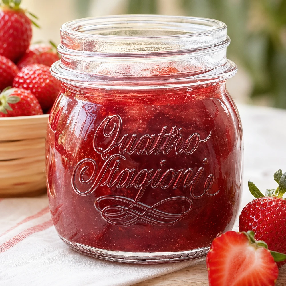 250ml pyöreä purkki "Quattro Stagioni" QS70mm. 250 ml:n Quattro Stagioni -talouspurkki täynnä mansikkahilloa tuoreiden mansikoiden vieressä puupöydällä.
