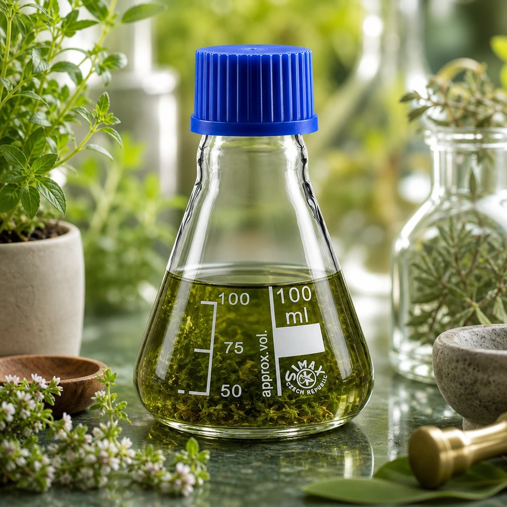 Erlenmeyer-pullo 100ml, jossa on kierrekorkki. Erlenmeyer-pullo 100ml, sininen korkki, ihanteellinen kasviuutteille ja kasvitieteellisille sovelluksille.
