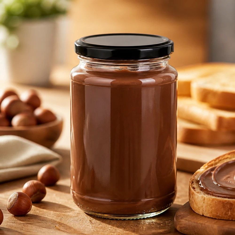 320 ml:n UNiTWIST-pyöreä lasipurkki, jossa on musta BasicSeal-kansi, täytetty pähkinä-nougat-kermalla, puulevyllä
