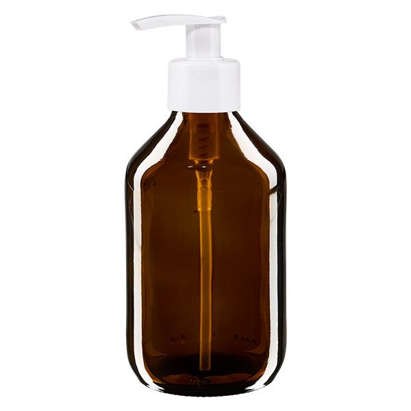 250ml lääkepullo ruskea, jossa annostelupumppu valkoinen ApoGlas 250ml lääkepullo ruskea, jossa annostelupumppu valkoinen ApoGlas