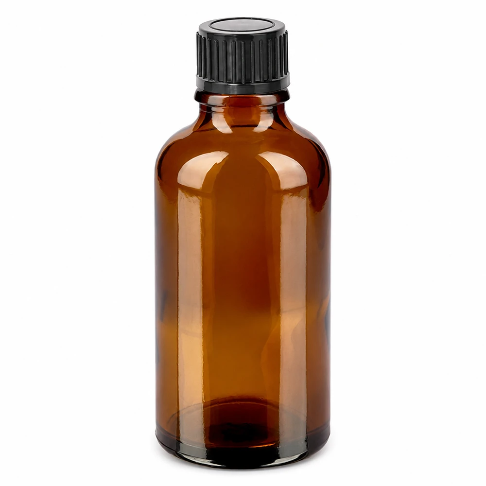 50ml ruskea lasipullo mustalla kierrekorkilla eteerisille öljyille ja kosmetiikalle.