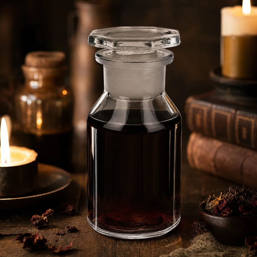 Steep neck -pullo 50ml kirkas leveäkaulainen lasitulppa 50 ml:n suorarinta-pullo, kirkas, kahdeksankulmaisella lasitulpalla, apteekille tyypillisellä vintage-tyylillä