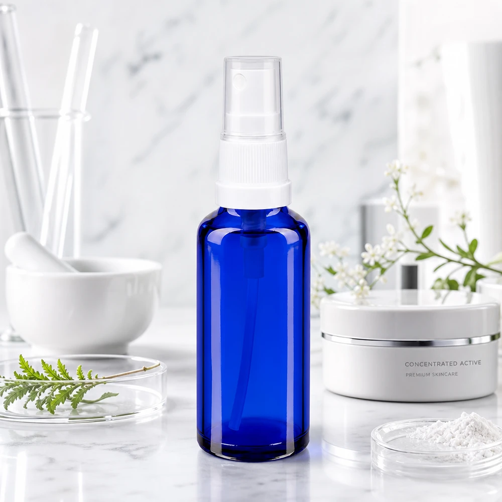 Koboltinsininen 30 ml:n apteekkilasinen suihkepullo, jossa on valkoinen sumutin, Labor Skincare -ympäristössä
