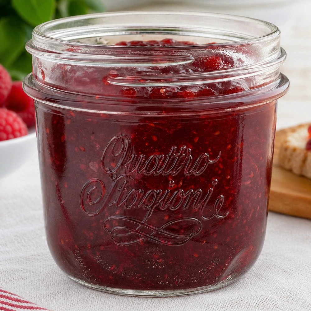 Quattro Stagioni 200ml Einmachglas mit roter Marmelade gefüllt - perfekt für hausgemachte Konfitüren und Aufstriche