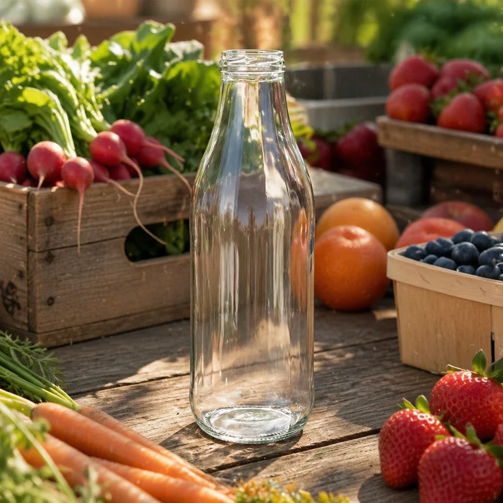 1000ml lasipullo ilman kantta (TO48) UNiTWIST 1000ml UNiTWIST-lasipullo TO48 tyhjä puupöydällä, jossa on tuoreita hedelmiä ja vihanneksia Ulkoilmamaisema luontokuvassa