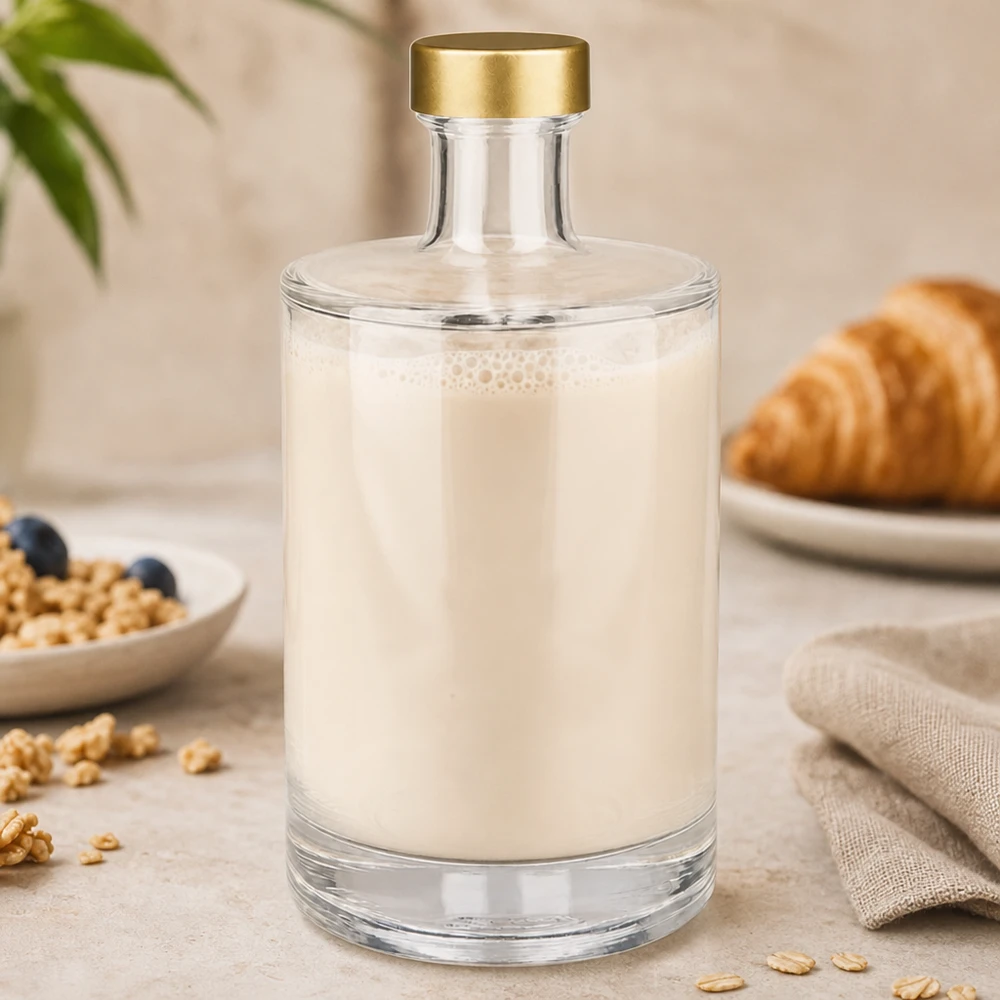 500ml lasipullo Sam täynnä valkoista maitoa kultainen UNiTWIST korkki Aamiainen Ambience Croissants Pähkinät