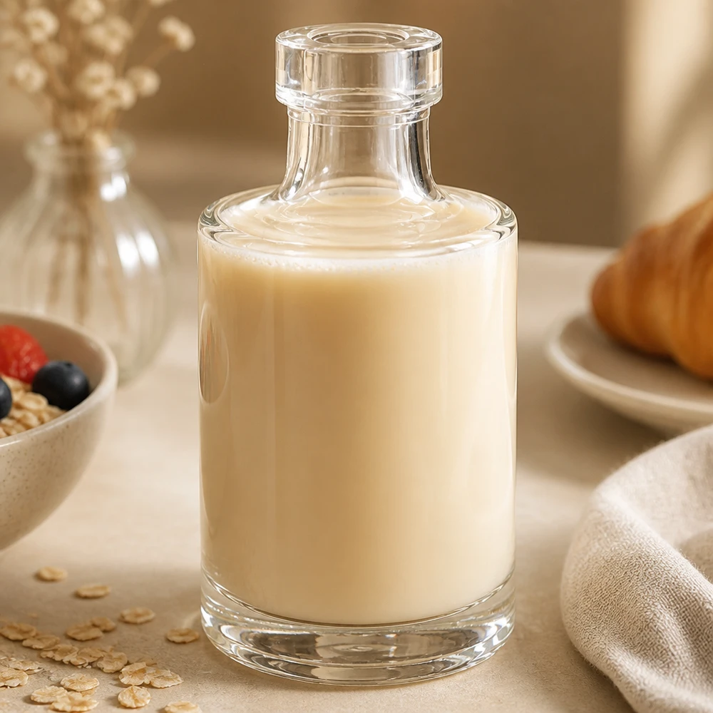 100ml Marie-lasipullo, jossa on kermaista sisältöä tyylikkäässä keittiöympäristössä, koristeena mysliä ja kaurahiutaleita.