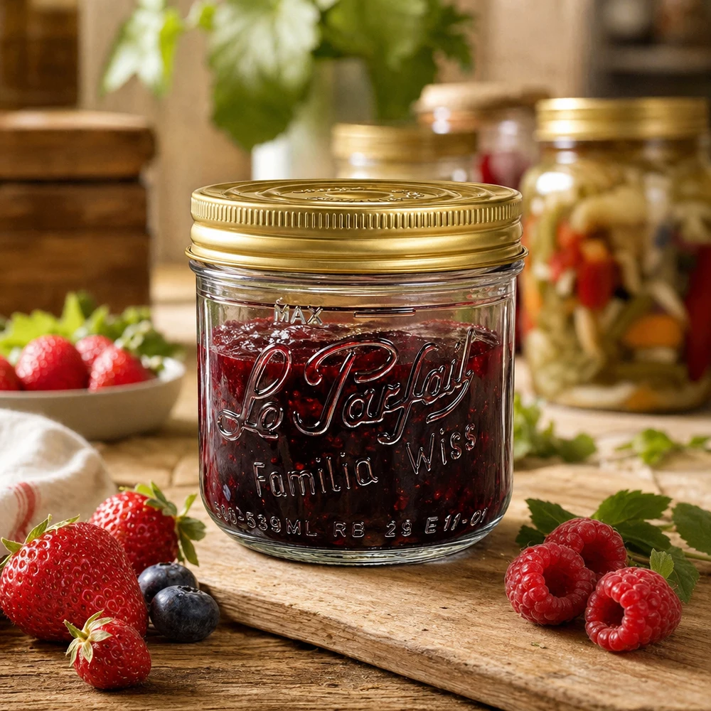 539ml Sturzglas "Familia Wiss" 2-teiliges Deckelsystem Le Pa Familia Wiss 539ml muurinpohjapurkki, jossa on kultainen ruuvikorkki, puulauta, mansikoita, vadelmia ja hilloa.