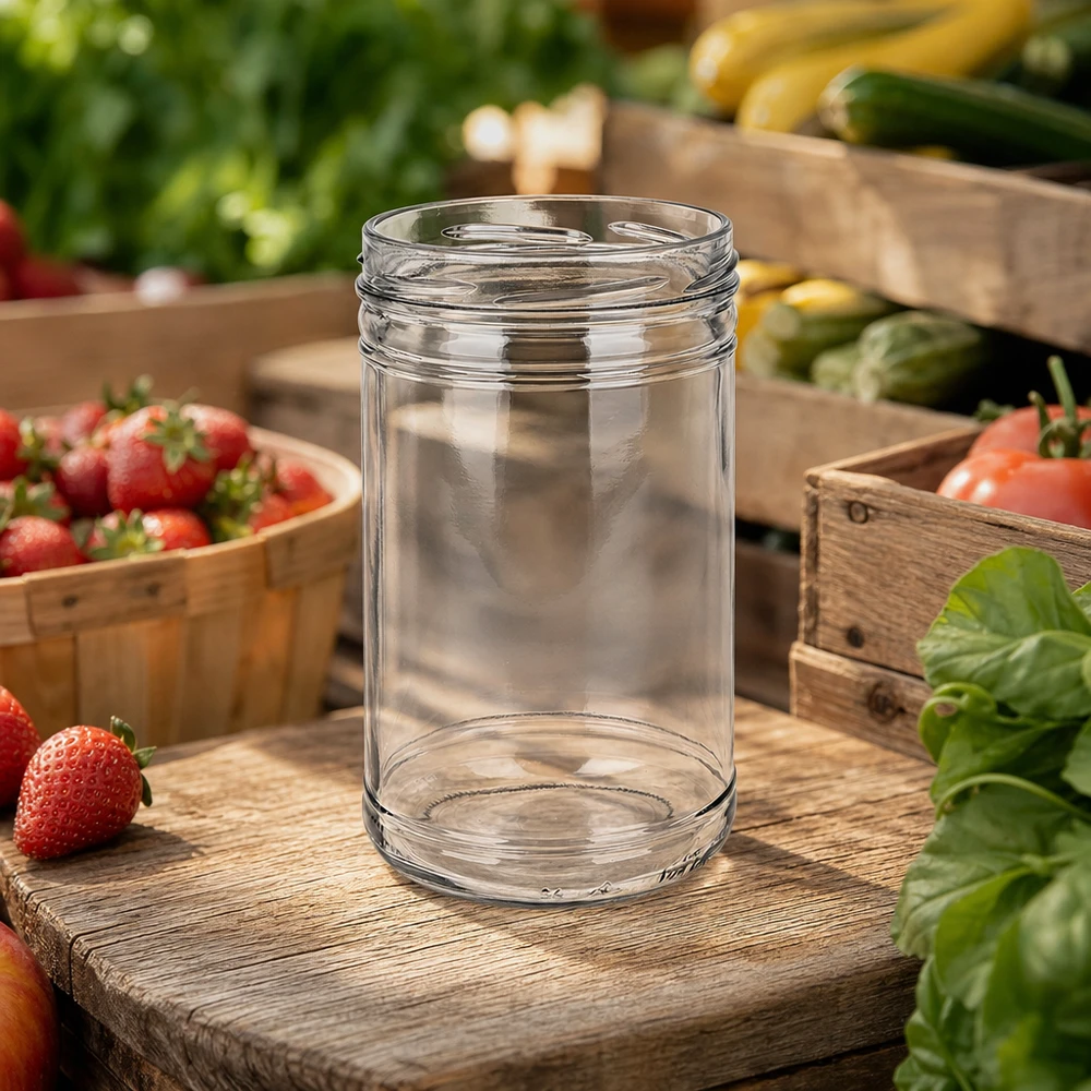 UNiTWIST tumblers 1053ml TO100 tyhjä säilöntäpurkki tuoreiden vihannesten ja mansikoiden välissä puulauta keittiössä