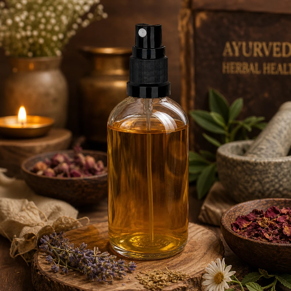 Ayurvedalainen yrttiöljysuihkepullo, 100 ml, lasi, läpinäkyvä, musta sumutin, ClearLine UT18