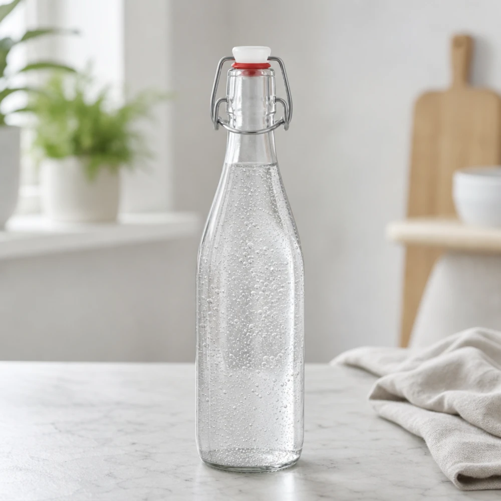 500ml lasipullo + kiikku PVC UNiTWIST 500ml lasipullo swing top täynnä kuohuvaa vettä moderni keittiö juomapullo juomapullo vesipullo hiilihapotettu