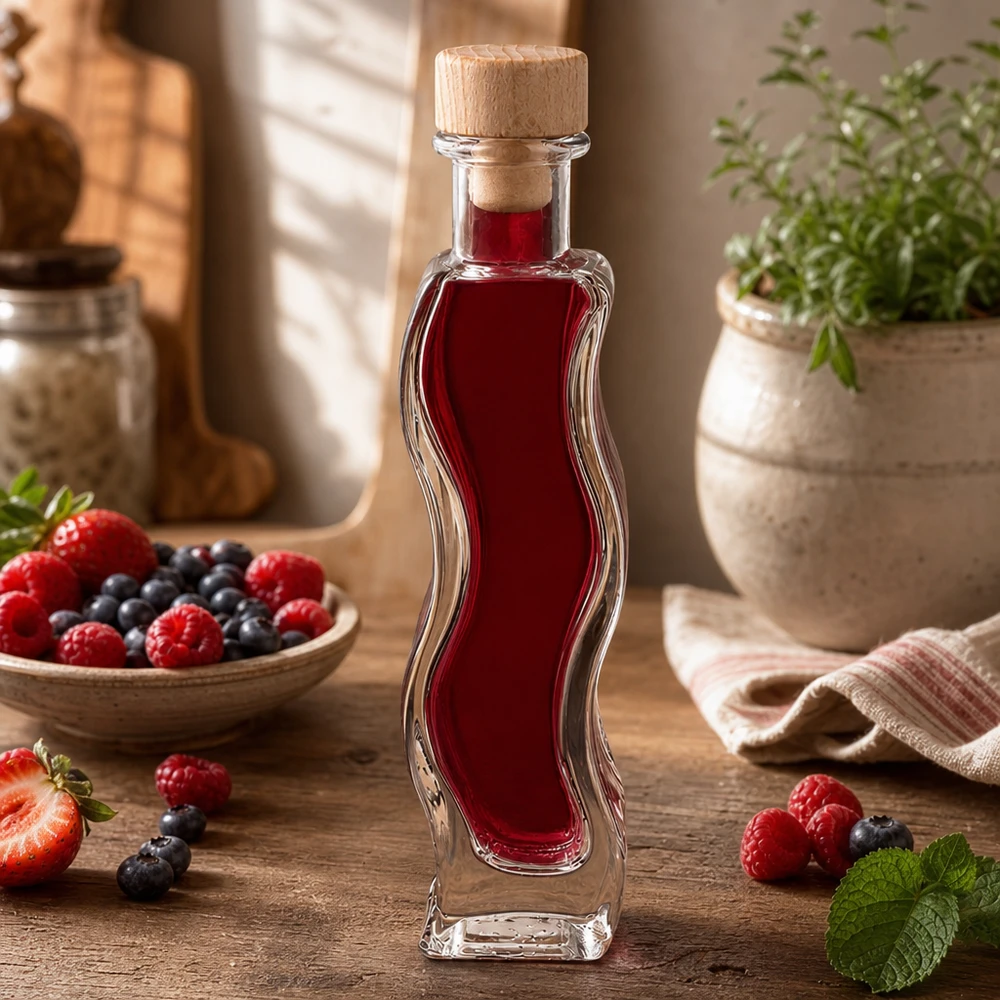 100ml Glasflasche "Melissa" mit Holzgriff-Korken UNiTWIST 100ml Melissa-lasipullo täynnä marjamehua, jota ympäröivät tuoreet mansikat vadelmat mustikat puukorkki