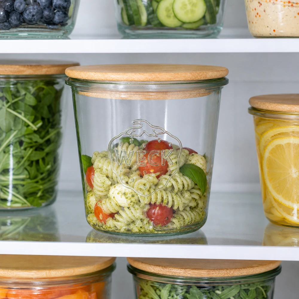 WECK 580ml muuripurkki, jossa on puinen kansi, täynnä pastasalaattia jääkaapissa tuoreiden elintarvikkeiden säilytykseen.
