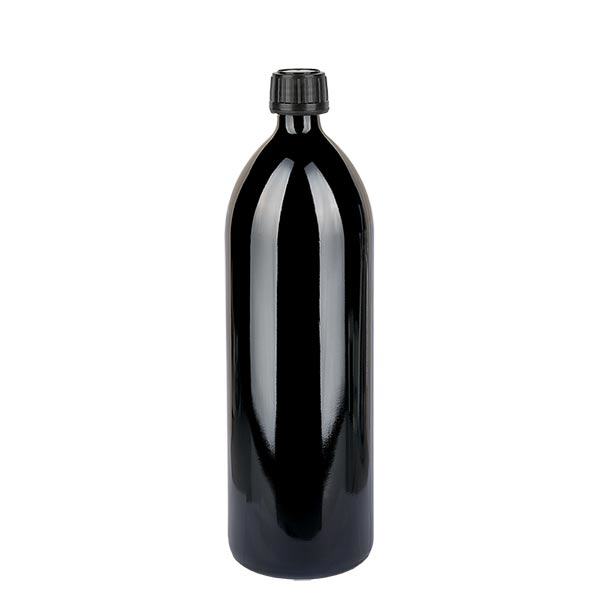 Pyöreä violetti lasipullo (vesipullo) 1000ml, DIN-CET PP28 STD, sis. mustan kierrekorkin 103575. Pyöreä violetti lasipullo (vesipullo) 1000ml, DIN-CET PP28 STD, sis. mustan kierrekorkin 103575.