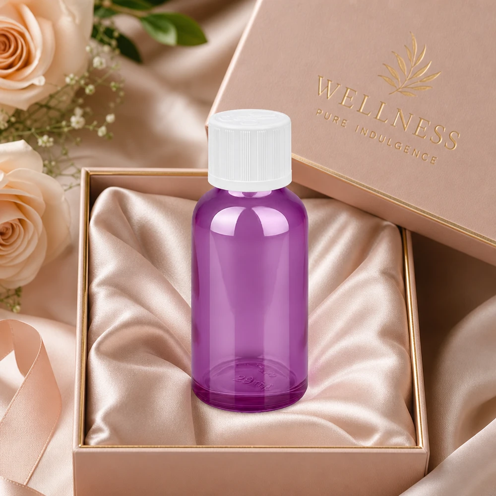 Premium wellness tippapullo 30ml tyylikkäässä violetissa ja korkealaatuisessa viimeistelyssä ylelliselle kosmetiikalle.