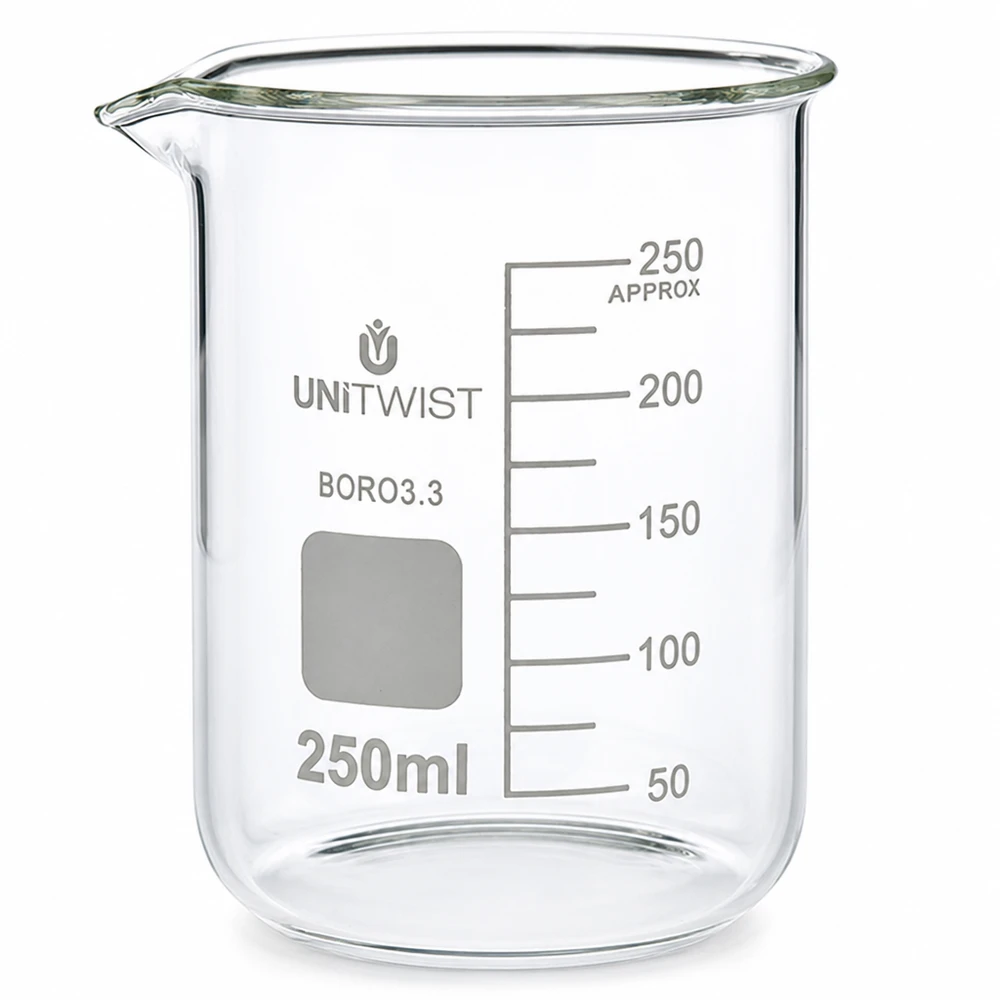250 ml:n borosilikaattilasinen, matalaprofiilinen UNiTWIST-mitta-astia, jossa on millilitrimittakaava 250 ml:iin asti