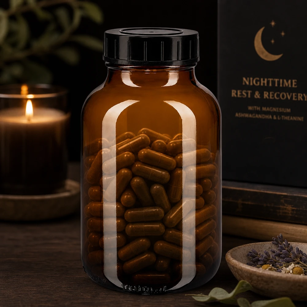 1000ml meripihkanvärinen lasipullo, jossa on leveä aukko ja musta korkki helppoa täyttöä varten.