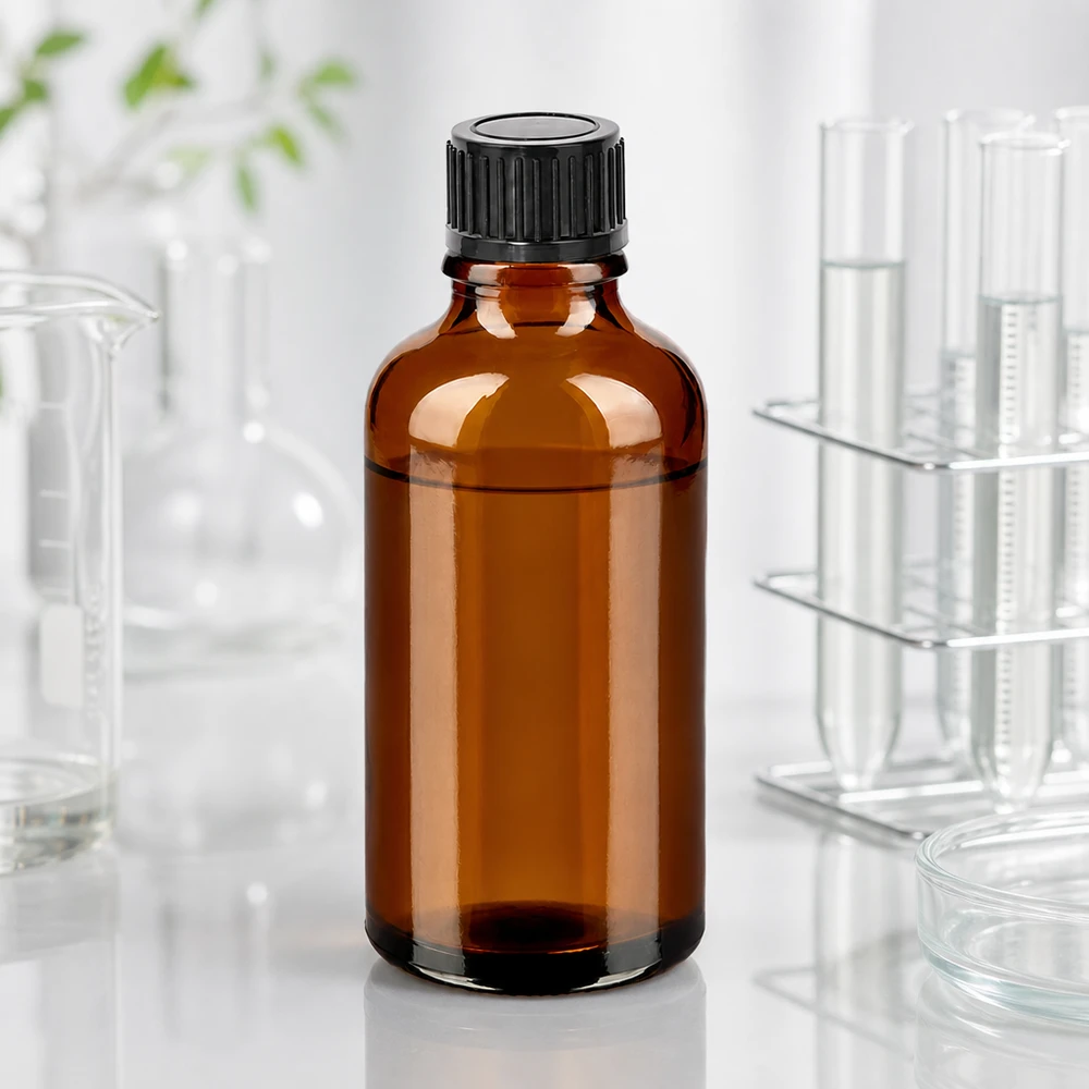 50ml pullo 11mm kierrekorkki musta Standard BrownLine UT18/50 Standard BrownLine UT18/50 Kompakti 50ml meripihkanvärinen lasipullo mustalla kierrekorkilla laboratorio- ja lääkinnälliseen käyttöön.