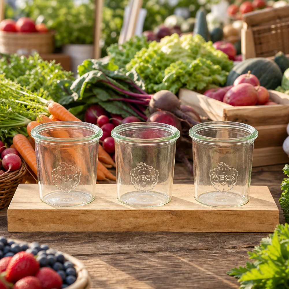 Tarjoilulautanen Plano3 ja 3 kpl Weck-lasipurkkia (160 ml) Leere Weck Sturzgläser 160ml auf Holzbrett Plano3 zwischen frischem Gemüse auf Marktstand - ideal für Konserven